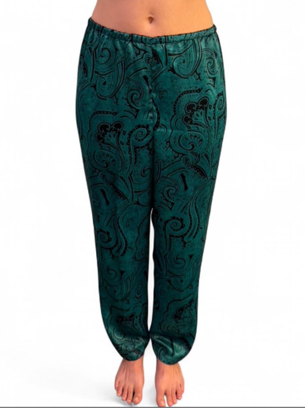 Vintage teal paisley print silky Victorias Secret pants with elastic waistband